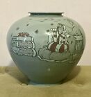 Huge Vintage Korean Celadon Vase With Hand Painted Historical Design Mint