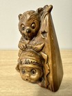 Vintage Iola Wisconsin Souvenir Bank     1950s Brown Glazed Bear   Girl Figurine