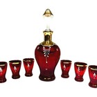 Bohemian Antique Cranberry Glass Gold Decanter Shot Glass Set Hand Painted-rare 