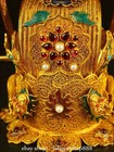 8  Old Chinese Copper 24k Gold Gilt Inlay Gem Dragon Statue Prince s Crown Hat