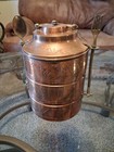 Vintage Hand-etched Copper Tiffin Box 3-tier Stacking Food Carrier Fork   Spoon