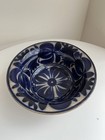 Large Antique 19th C Flow Blue Hand Painted Spinach Leaf Motif Mixing Fruit Bowl