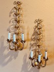 Vintage Gilt Italian Tole 3 Light Wall Sconces Crystal Read Description Please