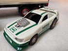 Vintage 1997 Hess Toy Tractor Trailer Truck race Car Hauler  With 2 Cars