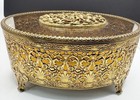 Vtg Oval Gold Filigree Ormolu Casket Bevel Glass Jewelry Box Gilt    bed Of Roses   