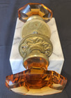 Vintage Amber Cut Glass Anthropologie  Door Knob Set With Brass Trim  
