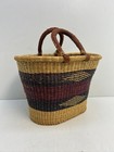 Woven African Bolga Market Basket Tote Featuring Leather Handles