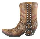 Rustic Western Brown Nailheads Floral Paisley Scroll Cowboy Boot Vase Figurine