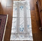 Antique Needle Lace Embroidered Blue Roses Flowers Table Runner Dresser Scarf