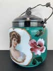 Antique Victorian Bristol Glass Portrait Biscuit Jar With Ornate Metal Lid Nice 