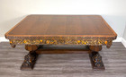 French Antique Art Deco Tiger Oak Draw Leaf Dining Table   Hand-carved Faces