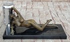 Nude Bronze Sculpture Marble Base Statue Figurine Girl Laying On Rock Decor