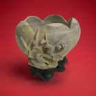 Oriental Hand Carved Soapstone Bowl W birds   Flowers On Wooden Base  Vintage