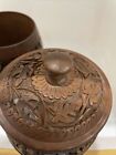 Set  2  Vintage Wooden Ornate Carved Solid Wood Jar One With A Lid 6  Tall