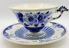 Vintage Delft Holland Blue Hand Painted Footed Cup   Saucer  Floral Teacup