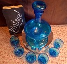 Vintage empoli Italy blue Pressed Glass Bottle Decanter    6  Glasses Set mcm 8 