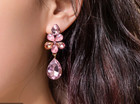 Pink Crystal Flower Drop Earrings Gold Tone Teardrop Dangle Statement