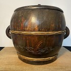 Large Fir Wood Carved Vintage Asian Rice Barrel With Lid Ornately Carved