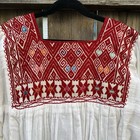 Vtg Mexican Huipil Embroidered White Red Tunic Wristlet Sleeve Blouse Sz Md-xl