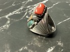Antique Navajo Ring Hand Made Coral Claw Leaves Natural Turquoise 23grams  R5