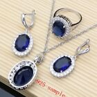 925 Silver Oval Cz Oval Sapphire Ring Earrings Bracelet Pendant Necklace Set