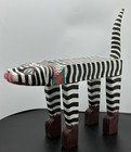 Vintage Indonesian Striped Cat Wood Carved Plant Stand Painted Folk Art