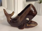Mcm Vintage Whale Pottery Planter Vase Brown Drip Glaze Gold Detail Japan