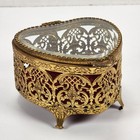 Vtg Heart Shape Ormolu Beveled Glass Ornate Brass Filigree Jewelry Box Velvet 5 