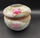 Vintage Hand Painted Japan Porcelain Hair Receiver     Roses   Moriage Gold Beadin