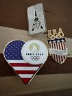 2024 Paris Olympics Badge Set Of 3 Pins- Flag Heart With Logo  Eiffel   Team Usa