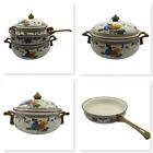 Vintage Floral Enamel Pot Set Cookware Brass Handles Retro Mid Century 5 Pc Set