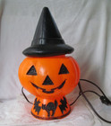 Vintage Halloween Plastic Blow Mold Pumpkin Jack-o-lantern In Witch Hat Bat Cat