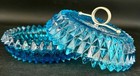 Vintage Diamond Point Regal Blue Glass Powder Box   Trinket Box By Indiana Glass