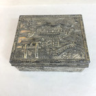 Wood Lined Cigarette Box Antique Silvered Copper  Japanese Trinket Pagoda Scene