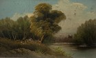 Victorian Oil Painting River Landscape Gilt Frame Antique Cottagecore Art