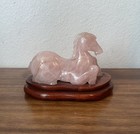 Antique Chinese Carved Pink Jade  quartz   Horse Sculpture On Wooden Base - 6 5 