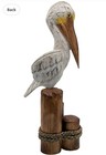 Hand Carved Wood Pelican Bird Figurine On Rope Wrapped Wooden Posts