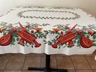 Vintage Christmas Holiday Cotton Tablecloth Red Horns   Holly 64x51 