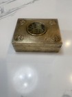Vintage Chinese Brass Etched Hinged Box With Carved Jdeite Inlay