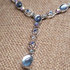 Vintage Avon Necklace Y Drop Filigree Blue Cabochon Silver Tone Earring Set