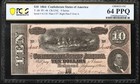T-68 1864  10 Confederate Currency Pcgs 64 Ppq Civil War Ten Dollar Bill 41136