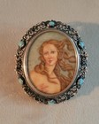 Antique 800 Silver Handpainted Lady Portrait Cameo Brooch Pendant Turquoise Cabs