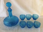 Empoli Genie Optic Diamond Point Peacock Blue Decanter W  6 Glasses Mcm Italy