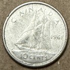 Canada - 1961 - 10 Cents - 80  Silver Canadian Coin - Queen Elizabeth Ii