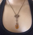 Vintage Necklace Art Nouveau Lavalier Brass Pendant Amber Antique Czech Glass