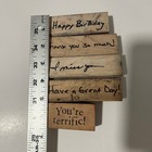 Vintage Wood Block Rubber Stamp Lot 5pc Sentiments Happy Birthday Thank You