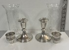 Vintage Hunt Sterling Silver Weighted Candle Holders Etched Glass Shades Pair