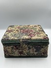 Vtg Floral Tapestry   Wicker Sewing Basket W  A Green Braided Handle See