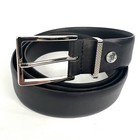 Tumi Smooth Black Leather Dress Belt Golf Casual Silver Logo Buckle Adjustable