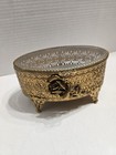 Vintage Gold- Tone Ormolu And Beveled Glass Jewelry Casket Or Trinket Box